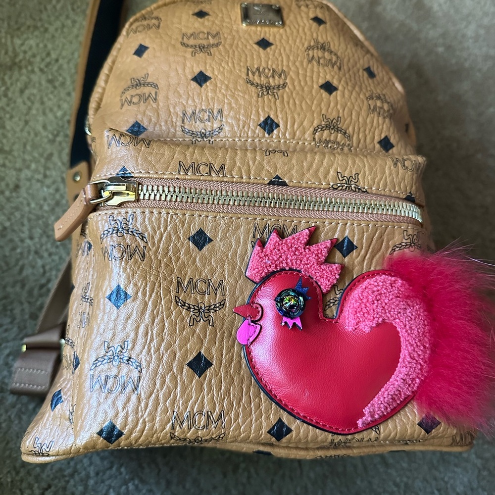 MCM Tan Backpack with Red Heart Accent